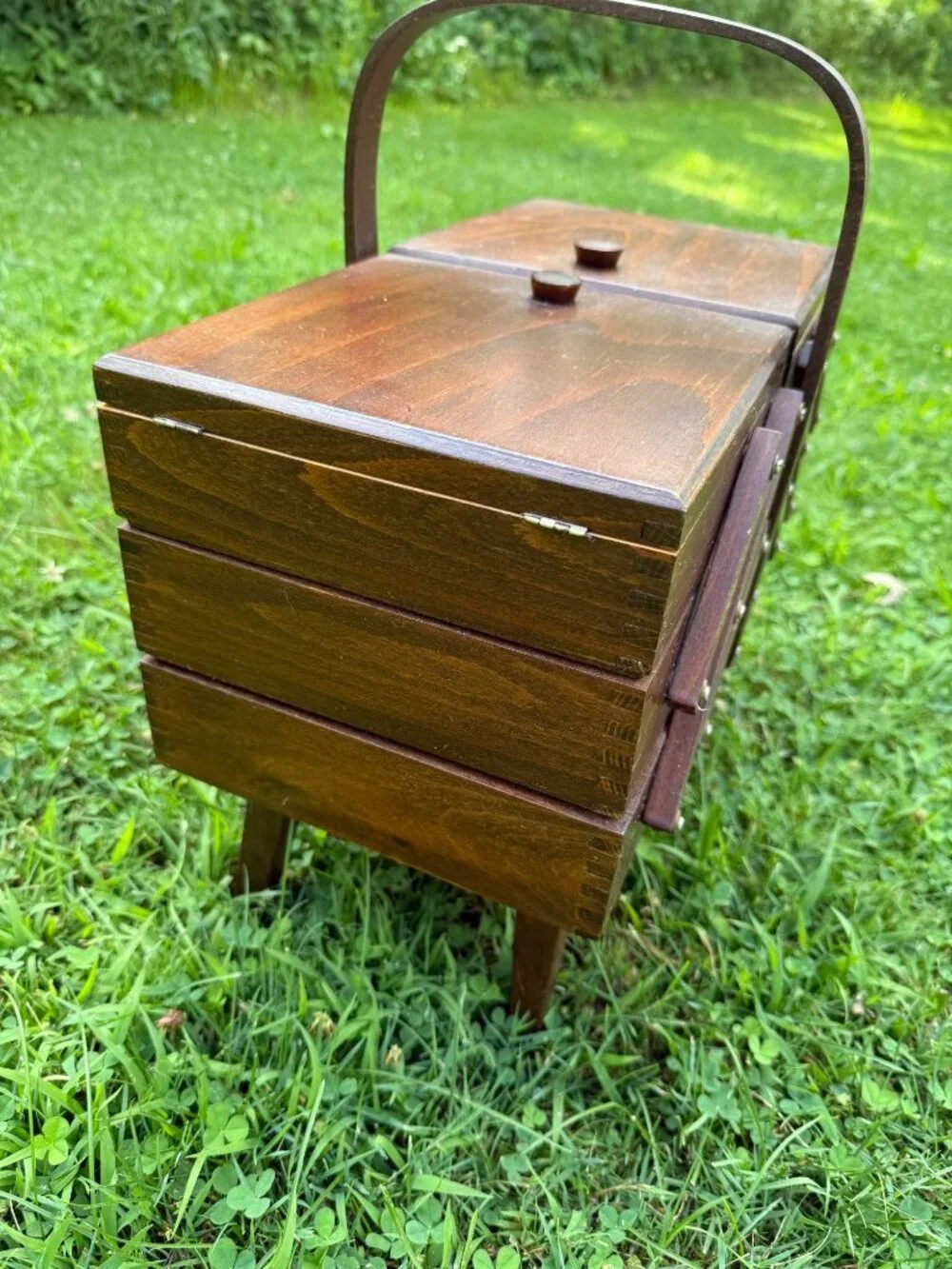 Vintage Wooden Accordion Sewing Box Romania Handle Tiered Cabinet Chest Wood Sto